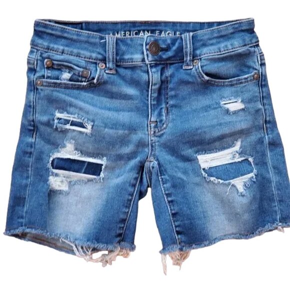 American Eagle Midi Destroyed Distressed jeans Shorts Next level Stretch Sz 00 - Picture 1 of 6